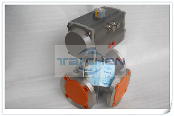 氣動法蘭三通球閥結構圖,氣動三通分流球閥圖例